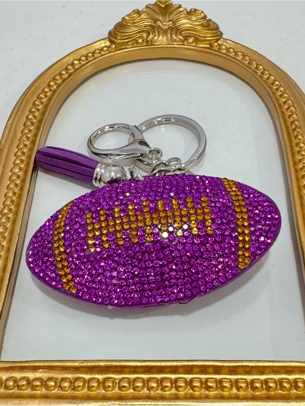 New Crystal Football Keychain Bag Charm in Purple and Gold